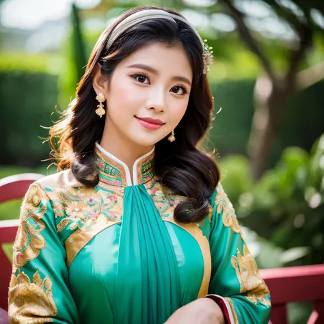 Seorang wanita indonesia cantik sedang berdiri, memakai kebaya dan memegang bunga, foto seolah diambil memakai kamera lensa Hasselblad H4D 200MS. Foto asli, ultra HD