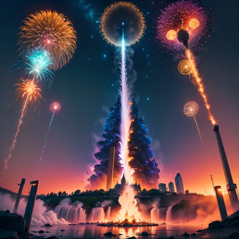 galaxy colorgalaxy spacious nebula dark _night_sky (Splendid fireworks bloom in the dark night sky background) sunrise ultra Masterpiece fireworks Colorful_fireworks Envision cityscape bridges adorned patriotic lights fractal fireworks bursting overhead cr...