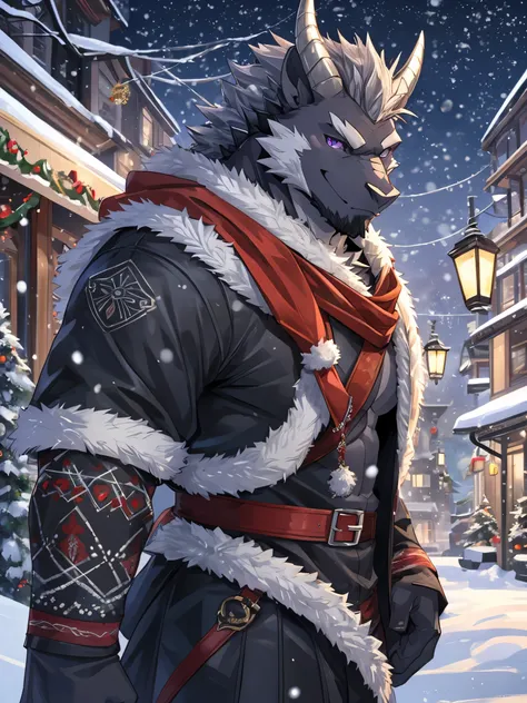 masterpiece, solo, Furry Black Dragon, Two Gray Horns, Purple Eyes, Medium Muscular Body, Medium Gray Hair, Gray Facial Hair, Fierce, Adult, Cool pose, Handsome, Smiling, Winter Outfit, Christmas Vibes, Winter Park Background.