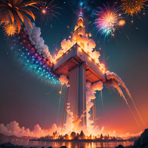 galaxy colorgalaxy spacious nebula dark _night_sky (Splendid fireworks bloom in the dark night sky background) sunrise ultra Masterpiece fireworks Colorful_fireworks Envision cityscape bridges adorned patriotic lights fractal fireworks bursting overhead cr...