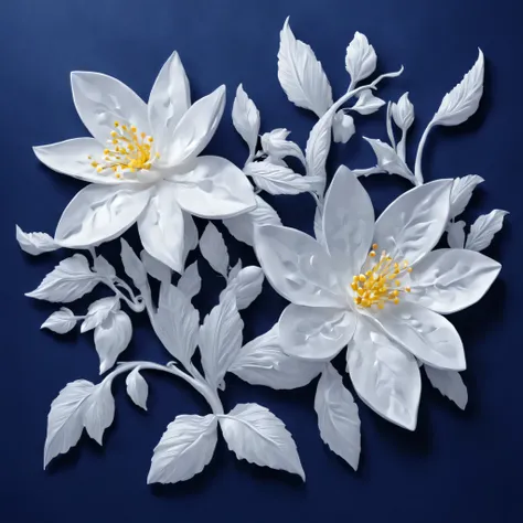 1 jasmine flower, white, There are vines.., Sharp fins, 3D high relief, Thai pattern sculpture, The most beautiful, beste-Qualit, high sharpness, smooth, Aluminum, color contrast, glow, dark blue background
