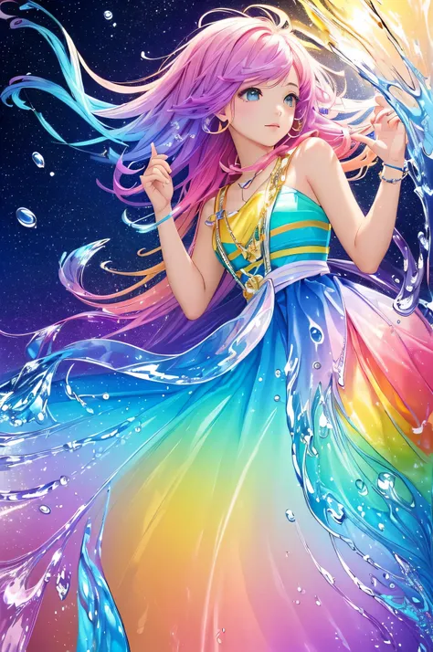 (Colorful:1.3),(tmasterpiece, quality, Best quality at best, offcial art, Beautiful and beautiful:1.2), (Gradient light:1.5), looking at viewert,(1 girl:1.2)Colorful,The most detailed,Alone,(floating Colorful water:1.4)