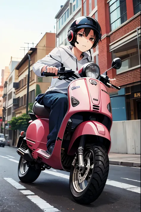 masutepiece:1.2, Best Quality, ((ultra-detailliert)), High resolution, 2D, Anime style , Boy, use a Vespa