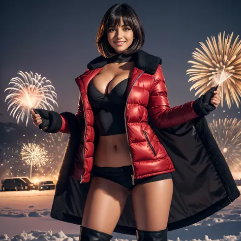 Isabela Merced, smiling, (big breasts), bob_cut hair, dark hair, blond stipes in hair, cleavage, red jacket, black knee_high boots, standing in snow, mittens, celebrating New_Years_Eve, fireworks, norway,(skin texture:1.1) , (high detail face:1.1), high de...