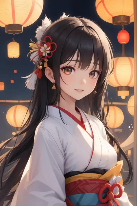 solo, woman, japanese kimono, black hair, long hair, floating hair, shiny hair, jewelry, light smile, detailed beautiful face an...