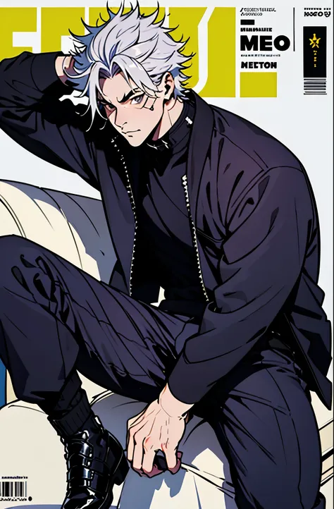 a mais alta qualidade, 8k, image high resolution, Jujutsu kaisen estilo anime , Arataki Itto, Detailed strokes, fundo desfocado, (a magazine cover style),  purple light reflecting on him , (angulo de perto), 1 homem, jovem, masculo, modelo, sitting on a so...