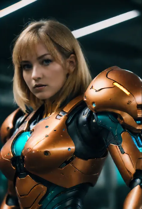 A photo of a girl wearing an intricate (Samus aran :1.2), very small waist, big shoulder pads, (attack pose:1.3), one canon arm, sexy, , (caucasian:1.2), (sci-fi), beautiful girl (skin moles), (cinematic, film grain:1.1), (macro photo:1.2), masterpiece, be...