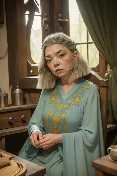 1170, Kingsbridge, England. Otherworldly scene in a medieval cabin in the forest, ((((61-year-old)) Anya Taylor-Joy)), old, wrinkles, grey hair, ((worried expression)), ((((tunic from the 12th century)))), ((Hairstyle of the 12th century)), ((Wes Anderson ...