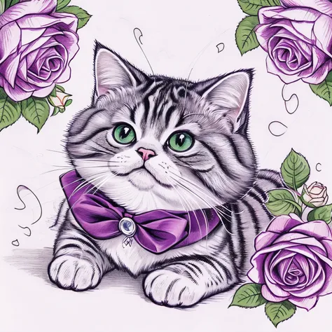 Illustration,simple,pencil drawing,adorable kitten surrounded by air-like roses,laughter,best quality,high resolution,intricate details,fantastical,cute animals,purple tones,funny,open mouth expression,laugh together!