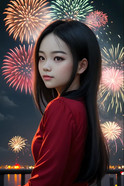 1girl vietnamese，sideface，Sidewaypose the whole body，Nice face，red pupils，Gray-black hair，Fireworks in bloom，Colorful fireworkire works，daysieloating in the sky，brightly，cheerfulness，Warm and soft lighting，early evening，Blue，light cloud，Bar cloud