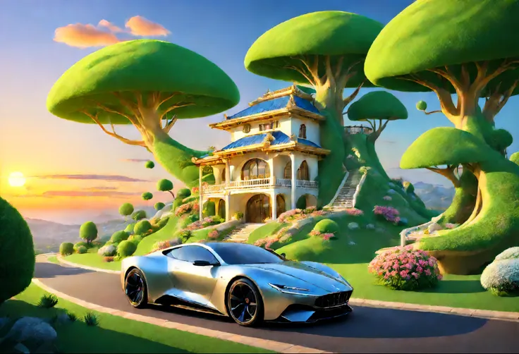 Casa linda, casa grande de luxo, casa de ouro e diamantes, anime 3d realista, paisagem de arvores e flores, ceu com nuvens, sun sunset,  carro de luxo futurista