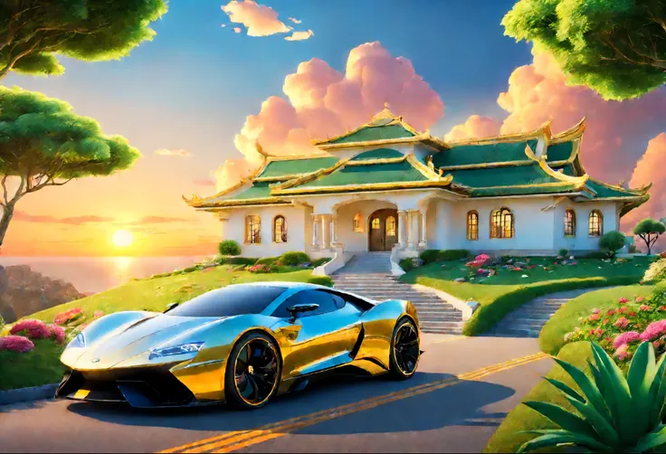 Casa linda, casa grande de luxo, casa de ouro e diamantes, anime 3d realista, paisagem de arvores e flores, ceu com nuvens, sun sunset,  carro de luxo futurista