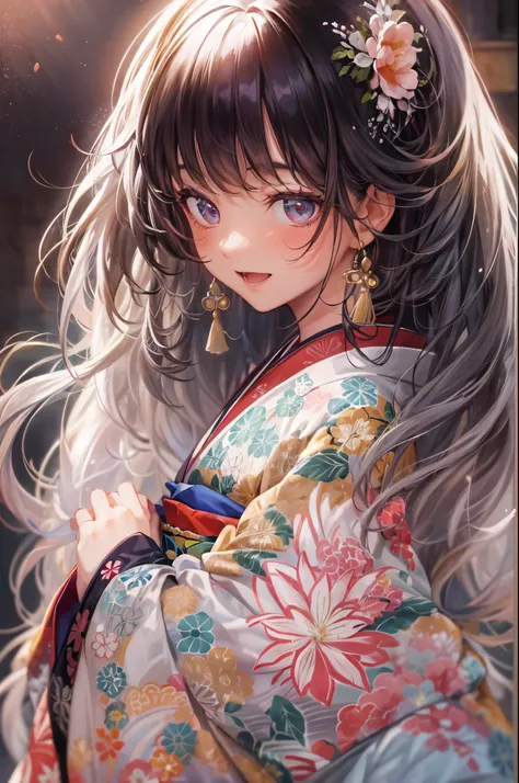 solo, japanese woman, japanese kimono, black hair, long hair, floating hair, shiny hair, jewelry, light smile, detailed beautiful face and eyes, vivid color, cinematic lighting, jpeg artifacts, Eye-Level Shot, drop shadow, depth of field, hyperrealism, Ghi...