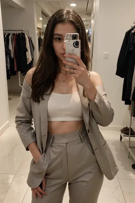 Capturing a moment of her urban escapade, Eliana Grace couldnt resist the allure of a chic boutiques full-length mirror. With her phone in hand, she pauses amidst the stylish reflections to capture a selfie that encapsulates the essence of her shopping adv...