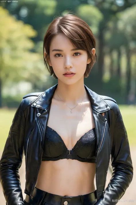 ((top-quality、8K、​masterpiece: 1.erfect Body Beauty: 1.4、Slender Abs: 1.2、Beautiful woman with slender abs:1.3、(Highlight Haircutreast B Cup:1.2), medium breast, round shape breast, perfect shape breast,  (leather biker jacket and leather biker pants, blac...