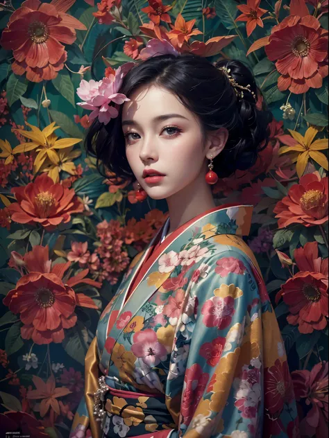 (best quality color photo of a mysterious beautiful woman in kimono on a  fashion magazine cover, haute couture fashion shoot:1.2),(An extremely delicate and beautiful work:1.2), elegant pose, glamorous fashion pose,  art nouveau, (she is the embodiment of...