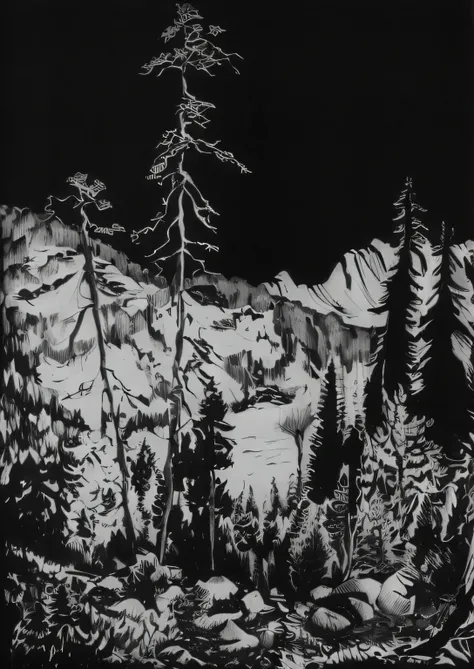 a drawing of a black and white image of a mountain scene, Hermoso grabado en madera de alto contraste, grabado en madera de alto contraste, Arte grabado en madera, xylography, fantasy forest linocut print, high contrast illustration, un grabado en madera, ...