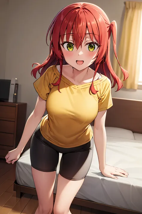 1 girl, best quality, ultra high res, long hair, red hair, green eyes, looking at viewers, small breast, standing, pov, slim body, loli body, small body, smile, open mouth, yellow shirt, short sleeves, bike shorts, bedroom, white bed sheets,