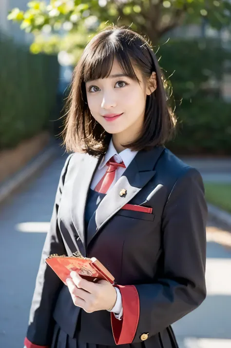 a woman, (wearing uniform japanese school), (cowboy shot:1.2), (short layered bob hair), (at the park), (realistic), (high quality), (bokeh), (smile), ((cute pose:1.2))