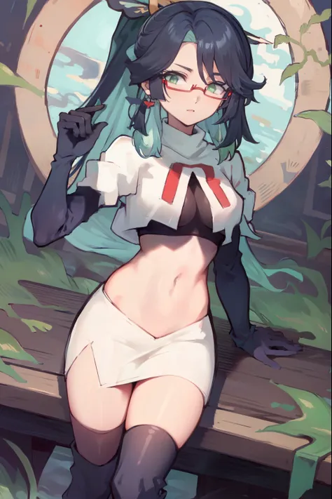 2d, masterpiece, best quality, anime, highly detailed face, perfect lighting, long hair, ponytail, multicolored hair, black hair, bangs, glasses, semi-rimless eyewear, earrings, green hair, hair ornament, jewelry, red-framed eyewear, green eyes, team rocke...