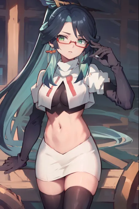 2d, masterpiece, best quality, anime, highly detailed face, perfect lighting, long hair, ponytail, multicolored hair, black hair, bangs, glasses, semi-rimless eyewear, earrings, green hair, hair ornament, jewelry, red-framed eyewear, green eyes, team rocke...