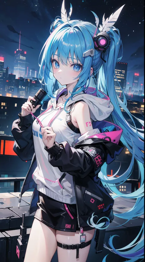 (masutepiece), Best Quality, 超A high resolution,Little Girl, Cyberpunk 1 girl flies over stunning cityscapes ,Hoodie,Blue hair,  neon color流れ星, Very long hair, off shoulders, feathers hair ornament, neon color, flashes, stunning night sky, Cinematic lighti...