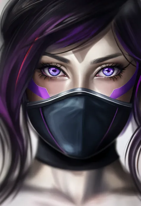 A close-up of a woman with a mask on her face.., Akali, Akali de League of Legends, Samira de League of Legends, villainy, goth ninja, Fiora de League of Legends, Piel fucsia debajo de la armadura, Irelia de League of Legends, ojos rosados, unknown artstyl...