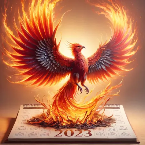 Photo of a beautiful feminine red orange yellow phoenix bird rising fiery from the ashes of a pile of "2023" calendar pages.