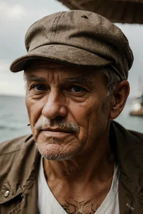 portrait of an old sailor with weathered features. He is wearing a cap