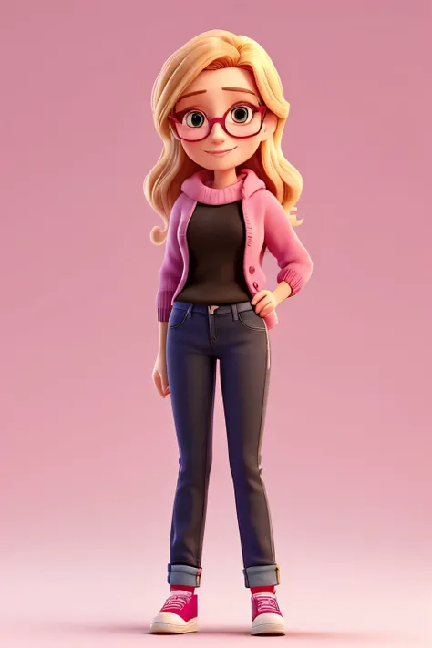 Woman mid 40s, tall, blonde hair, black rim glasses, wearing a pink jumper and jeans. Blank colourless background.