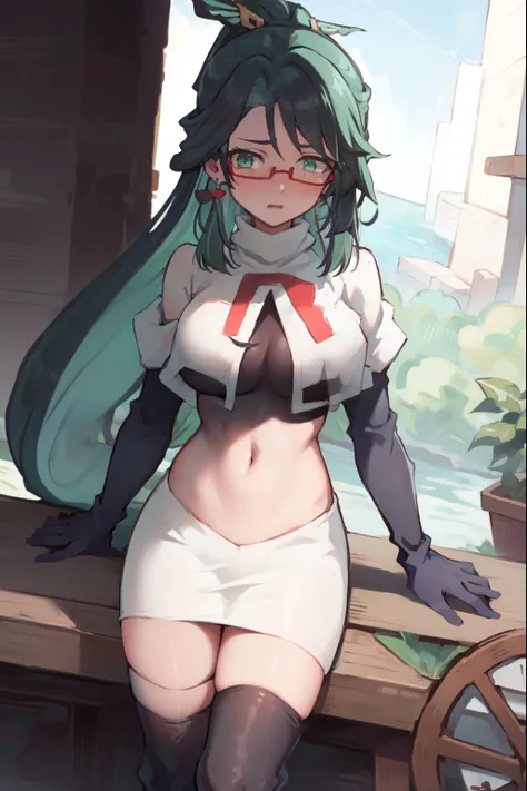 2d, masterpiece, best quality, anime, highly detailed face, perfect lighting, long hair, ponytail, multicolored hair, black hair, bangs, glasses, semi-rimless eyewear, earrings, green hair, hair ornament, jewelry, red-framed eyewear, green eyes, team rocke...