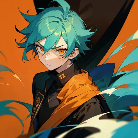 1 boy, turquoise hair, orange eyes, black cloth, handsome, 15 years old kid, wearing uniform, orange eye liner, mad