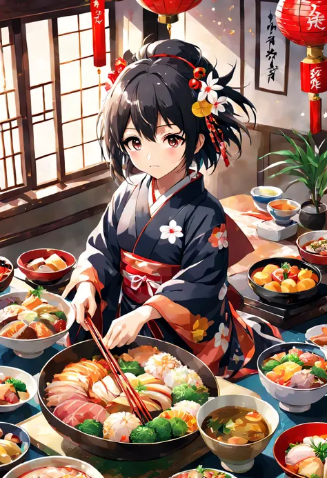 Anime, Japanese New Year dishes, (best composition), (masutepiece), (Best Quality), (ultra high detail)