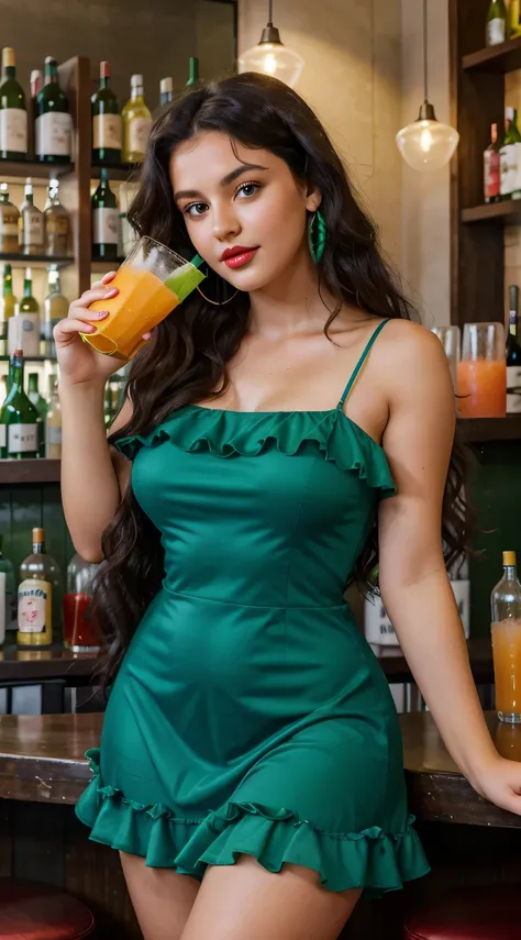 uma linda garota com um rosto angelical, Ela tem 19 anos, longos cabelos negros encaracolados, olhos verdes, thick, shiny red lips, thick sexual lips, ela usa um vestido curto azul com babados, she is in a bar drinking a juice at night, Olhando para a cida...