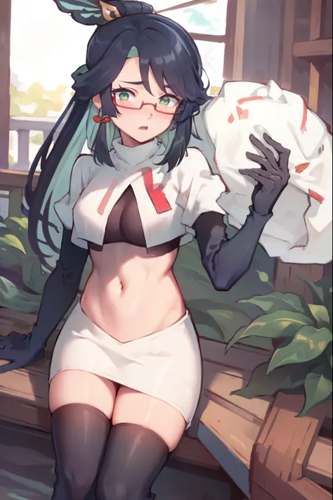 2d, masterpiece, best quality, anime, highly detailed face, perfect lighting, long hair, ponytail, multicolored hair, black hair, bangs, glasses, semi-rimless eyewear, earrings, green hair, hair ornament, jewelry, red-framed eyewear, green eyes, team rocke...