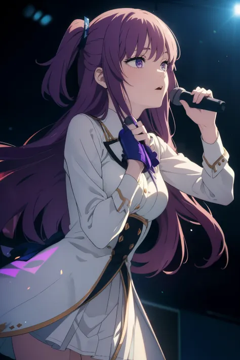 (masterpiece), (best quality), pretty girl, female idol, dress, on stage, holding microphone, singing, passionate, long purple h...