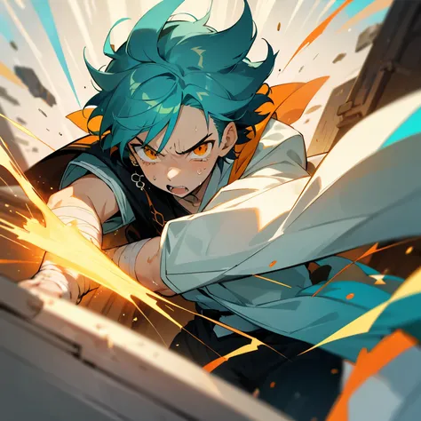 1 boy, turquoise hair, orange eyes, white cloth, handsome, 15 years old kid, orange eye liner, mad, angry, light power, crying, ...