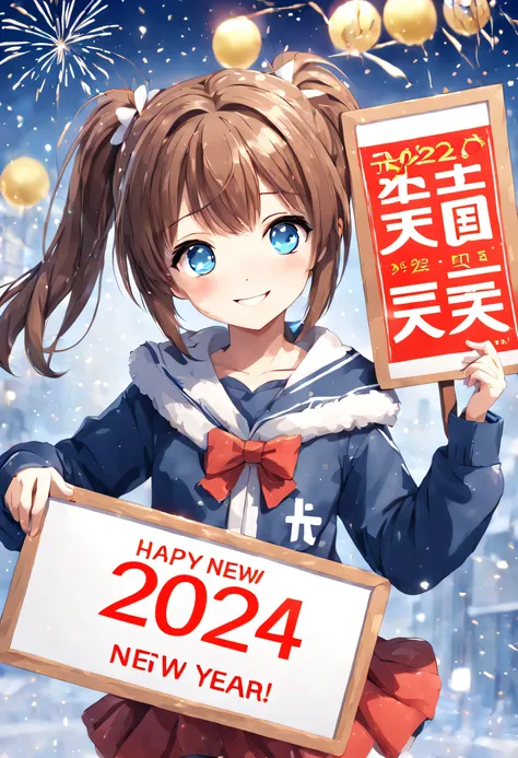 Anime, Cute Girl, Happy New Year, girl txt with a sign:2024,