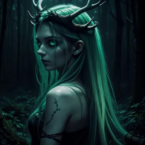 dark, unholy, evil, astral, creepy style, undead, rotting skin, mystical, nice perfect face with soft skin, young beautiful medusa portrait in the forest, greek mythology, smoke, mist, night, snakes hair, antlers, glowing green eyes, from behind, light gre...