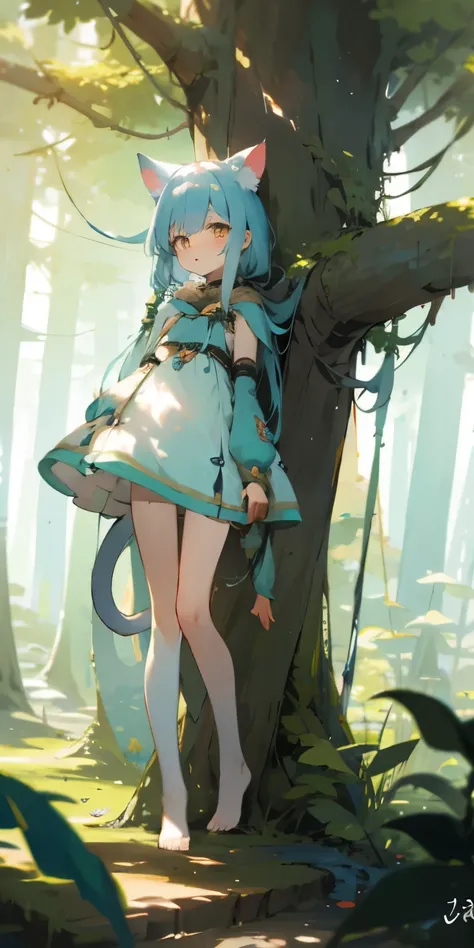 Cute cat girl in a fantasy forest, full length