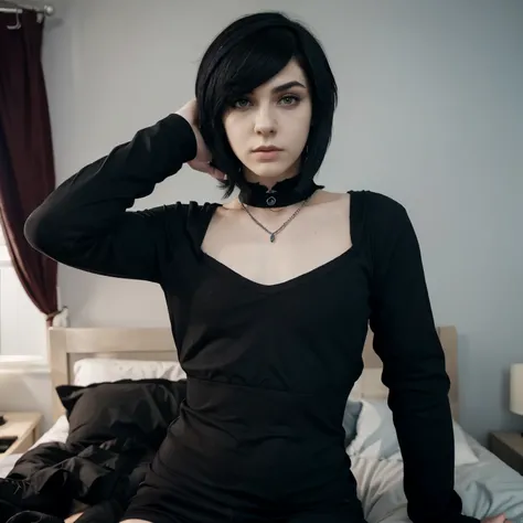 Young emo boy, emo boy who has femnine face, femboy, with black hair, short hair, dark blue hair, femboy, young emo boy, hot, sexy, close up of face, young, femnine face, male, pale skin, full body view, full body view, full body view, full body view, wear...