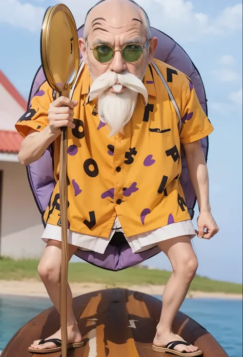 A real life adaptation of this character, his name is Master Roshi (dressed in a bright orange shirt with white vertical stripes on the front, purple long sleeves, and a realistic purple vest), baggy dark blue pants and simple black shoes, mouth closed, lo...