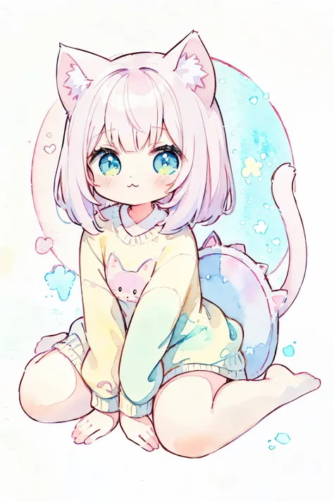 cat, fullbody,1 girl,
(pastel color:1.5),(cute illustration:1.5),(watercolor:1.2),white back ground,