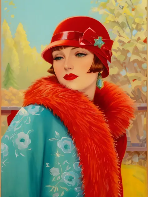 painting of a woman with a red hat and red coat, Directed by: Jeka Kemp, Directed by: Yvonne Jacquette, inspired Directed by: Yvonne Jacquette, 1 9 2 0s colored pencil, inspirado em Gerda Wegener, inspirado em Harrison Fisher, Directed by: Adrienn Henczné ...