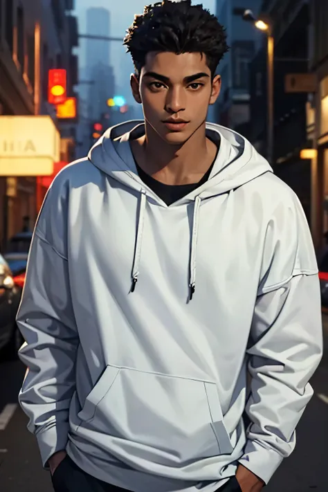 a 20-year-old black man standing in a hoodie, black, scars over the face, dark skin, black skin, body and straight head in the p...