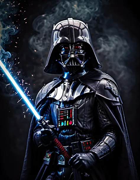 (melhor qualidade,Realistic)Hayden Christensen,Darth Vader,Retratos,sabre de luz,batalha,Dark Force, dramatic lighting, intense expression, Cabo majestoso, Aura sinistra, olhos vermelhos brilhantes, epic showdown, smoke and sparks, detalhes impressionantes...