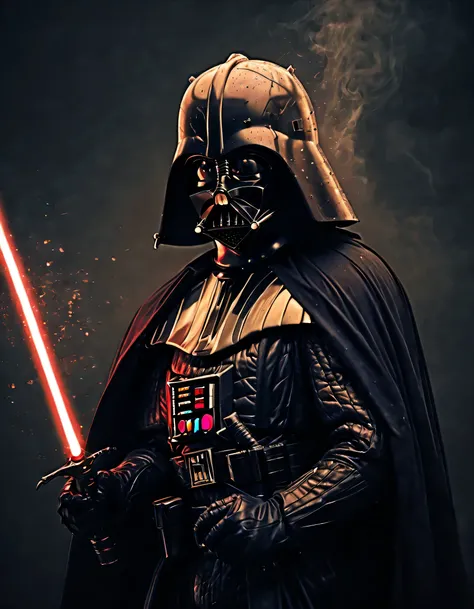(melhor qualidade,Realistic)Hayden Christensen,Darth Vader,Retratos,sabre de luz,batalha,Dark Force, dramatic lighting, intense expression, Cabo majestoso, Aura sinistra, olhos vermelhos brilhantes, epic showdown, smoke and sparks, detalhes impressionantes...