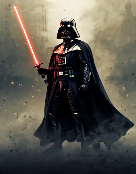 (melhor qualidade,Realistic)Hayden Christensen,Darth Vader,Retratos,sabre de luz,batalha,Dark Force, dramatic lighting, intense expression, Cabo majestoso, Aura sinistra, olhos vermelhos brilhantes, epic showdown, smoke and sparks, detalhes impressionantes...