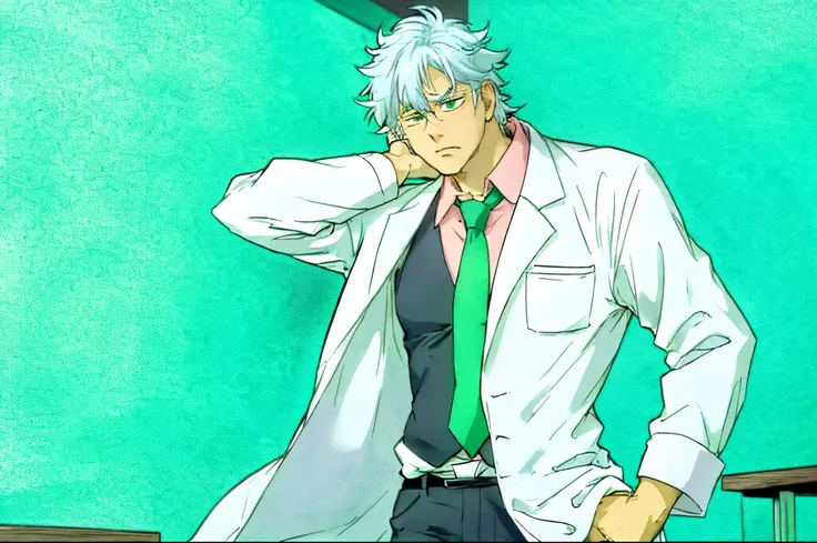 silver hair man with white lab coat and green tie and pink shirt, he is worried, he is rubbing his hair in concern, he is gestur...