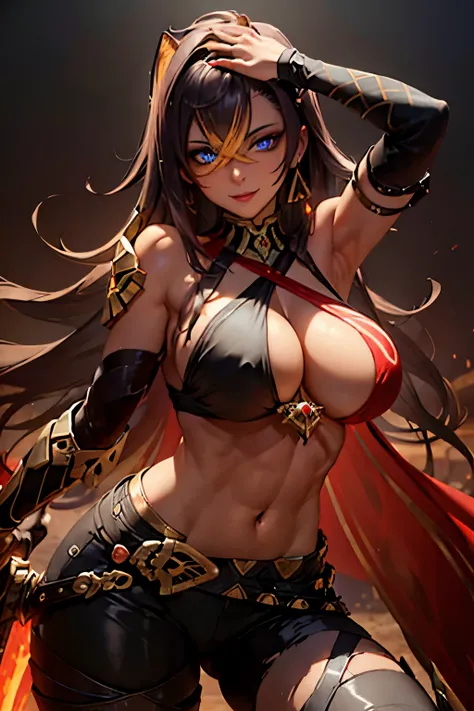 masterpiece,best quality,studio lighting,dehya, seductive pose, glowing eyes, perfect face, perfect hands, detailed lips, detailed nose, detailed eyes, (huge breasts), holding a greatsword,cowboy shot,confident smile